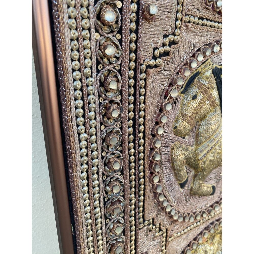 Vtg Burmese Thai Kalaga Tapestry Wall Art Elephant Peacock Lion Beaded 54” Large - Picture 14 of 16